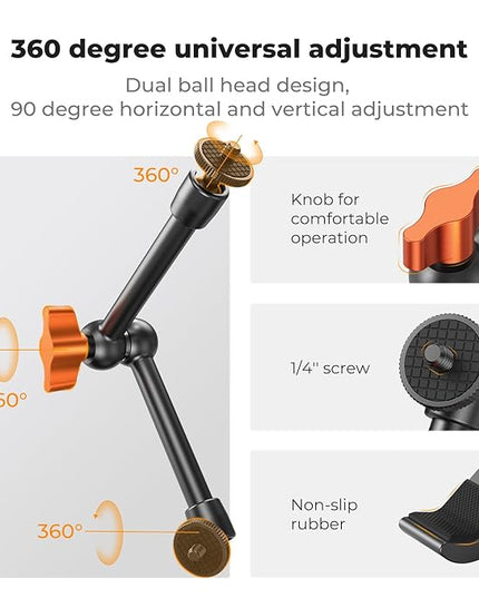 K&F CONCEPT 9.8" Magic Arm Clamp Kit with 1/4" & 3/8" Thread Screw 360° Ball Heads Articulating Magic Arm with Tripod Mount Adapter for Gopro/LED Lights/Monitor/Flash/Microphone/DSLR Camera