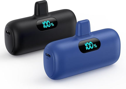 [2 Pack] Mini Portable Charger 5000mAh,Ultra-Compact 15W PD Fast Charging Power Bank,LCD Display Cute Battery Pack Backup Charger Compatible with iPhone 14/14 Pro Max/13 Pro/12/11/XR/8/7-Black+ Blue