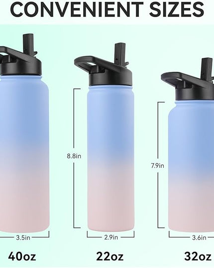 DOMICARE Insulated Water Bottle, 22 oz Vacuum Insulated Stainless Steel Reusable Sports Bottle with Straw Lid & Spout Lid for Travel, Camping, Bike, Leakproof, Blue/Pink, 1 Pack
