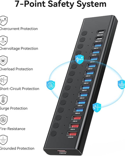 Powered USB 3.0 Hub, 16 Ports USB Hub Splitter(10 USB-A 3.0+2 QC 24W Fast Charging+2 Smart Charging+2 USB-C 3.0 Ports), 12V/8A 96W UL Certified Power Adapter for Laptop, Mac, PC, Computer