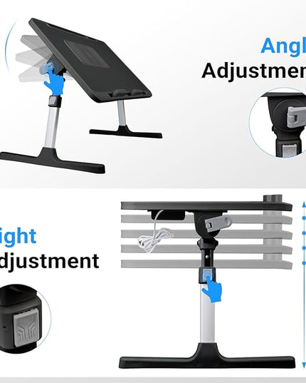 iXTRA Laptop Lap Desk Include Cooling Fan,Adjustable Lap Desk with Light Fan,Folding Laptop Desk for Bed with USB,Bed Desk with Storage Drawer 56 * 32cm,Black