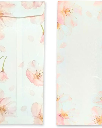 Japanese Cherry Blossom Envelopes 8 Pack, Made in Japan, (Light Pink), Elegant Washi Paper, Self Sealing, Sakura