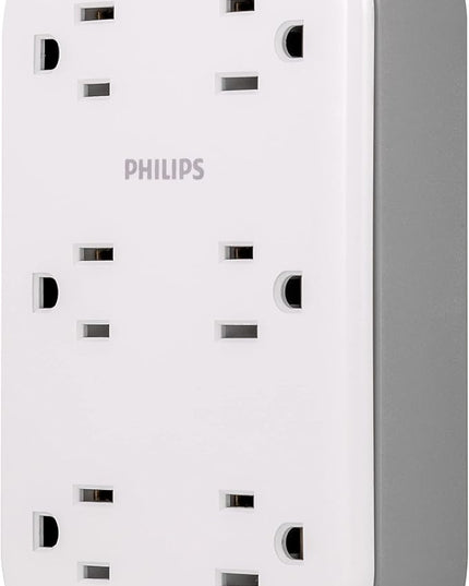 Philips EZFit 6-Outlet Surge Protector Outlet Extender, Wall Tap, Grounded Widely Spaced Outlets, 900 Joules, for Home Office Dorm Essentials, White, SPP6602W/37