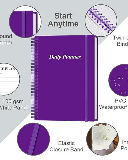 Daily Planner Undated - B5 To Do List Notebook Hourly Schedules, Spiral Appointment Planner for Women and Men, PVC Hardcover, Inner Pocket, Elastic Closure, 7" x 10", Purple