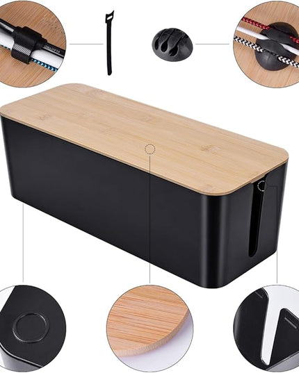 2 Pack Large Cable Management Box – Wooden Style Cord Organizer Box and Cover for TV Wires, Computer, Router, USB Hub and Under Desk Power Strip – Safe ABS Material and Baby-Pets Proof Lock (Black)