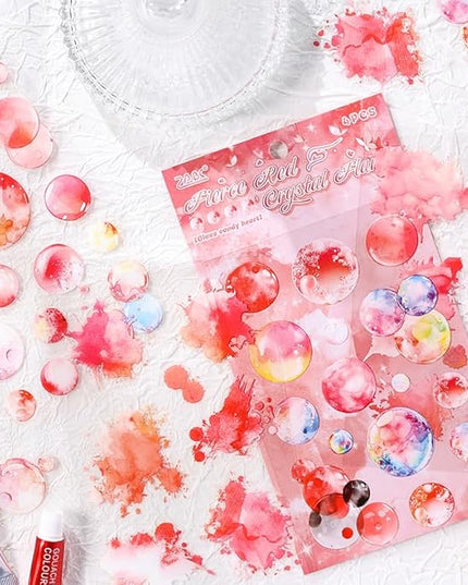 24 Sheets Precut Transparent PET Stickers for Journaling, 6 Assorted Colors, Watercolor Splash and Bubble Sticker for Scrapbooking, Junk Journal Supplies, Card Making, Collage, Arts Crafts