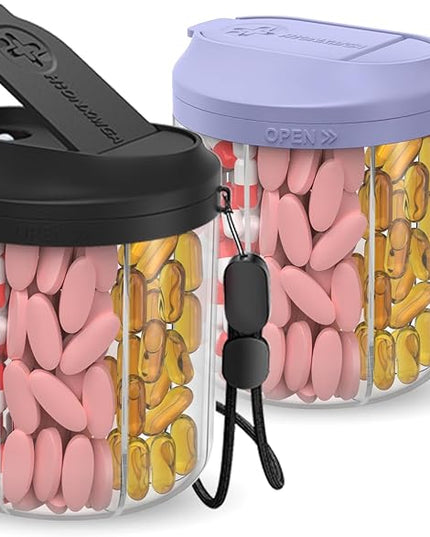 Pill Dispenser with 7 Large Compartments, Pill Organizer for Travel, Supplement Organizer with Anti-Mixing Design, BPA-Free Pill Container with 20 Pcs Labels, Purple+Black