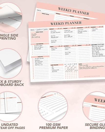 Weekly Planner, 52 Pages Undated Daily List Schedule Notebook Time Management Memo Pad for Office, Home Planning & School Scheduling (Pattern-A)