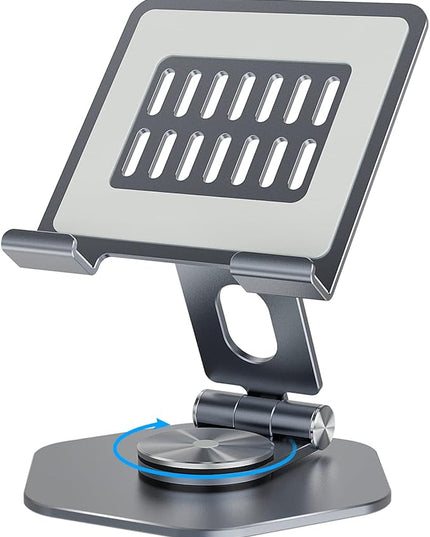 Foldable Aluminum Tablet Stand for Desk, 360° Swivel iPad & Tablet Holder – Portable & Stable Desktop Mount for 5–12.9in Devices, Grey