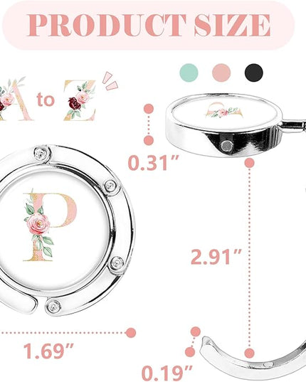Iqimott 3pcs Personalized Initial Foldable Purse Hook for Table, Flower Letter Folding Handbag Hanger Portable Magnet Table Hook Holder, Collection Desk Purse Hooks for Women Bag (Pink-P)