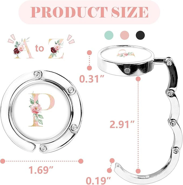 Iqimott 3pcs Personalized Initial Foldable Purse Hook for Table, Flower Letter Folding Handbag Hanger Portable Magnet Table Hook Holder, Collection Desk Purse Hooks for Women Bag (Pink-P)