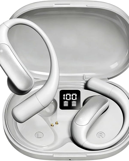Wentronic Open Ear Headphones, Wireless Earbuds Bluetooth 5.4 with Digital Display, Secure Earhook, 48H Playtime, Enhanced Sound, Clear Calls, IP55 Waterproof Ultra-Light Sports Headphones - Silver