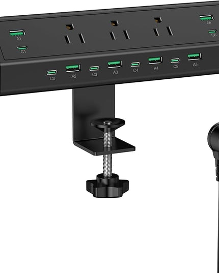 Jgstkcity 90W Desk Clamp Power Strip,12 USB Ports (6 PD 45W USB-C),Surge Protector,ETL Listed Power Hub Extension Cord,Fast Charging Station for Home Office Desk Edge Mount (Black,12 USB-90W)