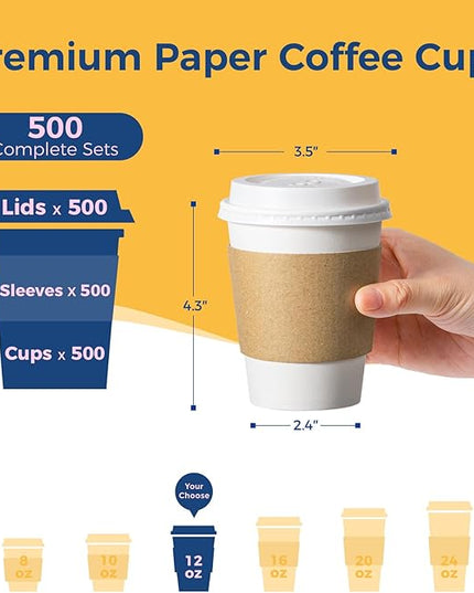 Fit Meal Prep 500 Pack 12 oz Disposable Coffee Cups with Lids, Sleeves, Leak-Proof To Go Coffee Cups with Lids, Durable Hot Paper Cups for Hot Cocoa and Coffee Bar Supplies
