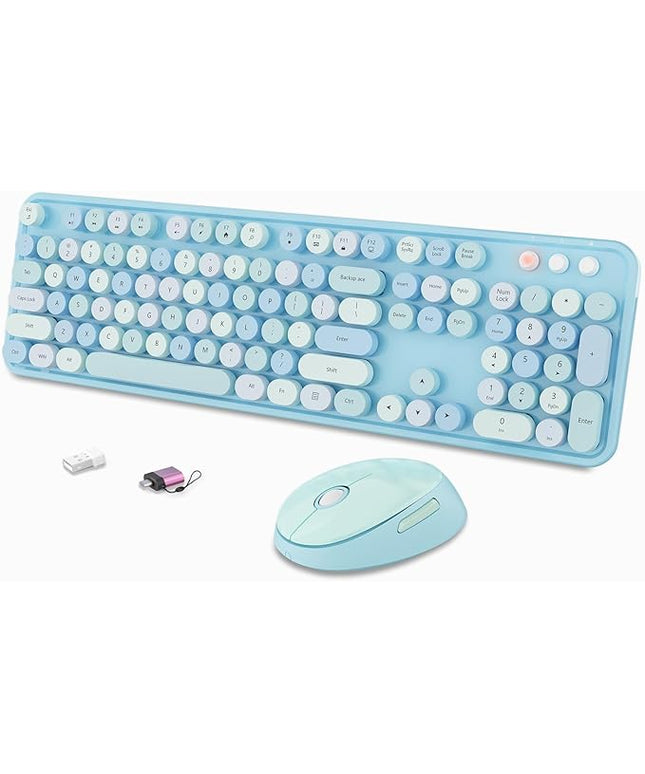 Wireless Keyboard and Mouse Combo, Ergonomic Full Size Typewriter Retro Round Keycaps Keyboard, Compatible with Windows, PC, Perfer for Home and Office Keyboards (Blue