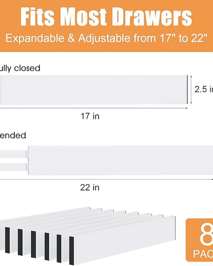 Bamboo Drawer Dividers,17-22" Adjustable Kitchen Drawer Organizer for Clothes,8 Pack Expandable Drawer Organization Separators for Bedroom,Bathroom,Dresser and Office,White