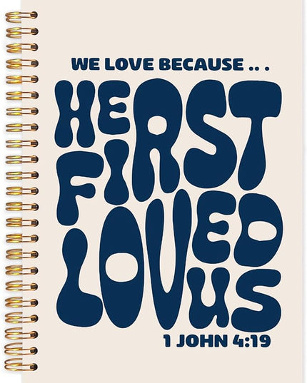 Navy Blue Christian Spiral Journal Notebook 5.5x8.3in, Bible Verse Journal for Woman, We Love Because He First Loved Us 1 John 4:19 Scripture Notebooks for Note Taking, Hardcover Notebook