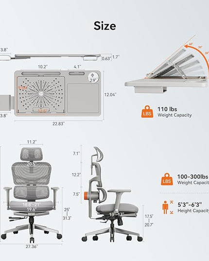 Newtral Office Chair Ergonomic - Home Office Desk Chair, Big and Tall Office Chair, Auto-Following Lumbar Support for Back Pain, Adjustable Seat Depth and Height (with Footrest + Laptop Tray, Gray)