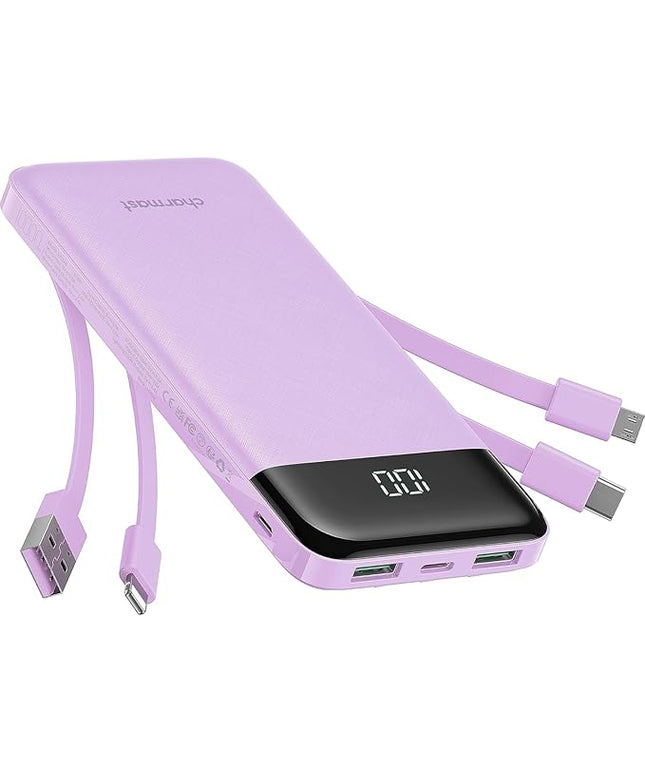 charmast Portable Charger with Built in Cables, Power Bank with Cords Wires, Slim 10000mAh Travel Battery Pack 6 Outputs 3 Inputs 6A Fast Charging for Samsung Google Pixel LG Moto iPhone iPad