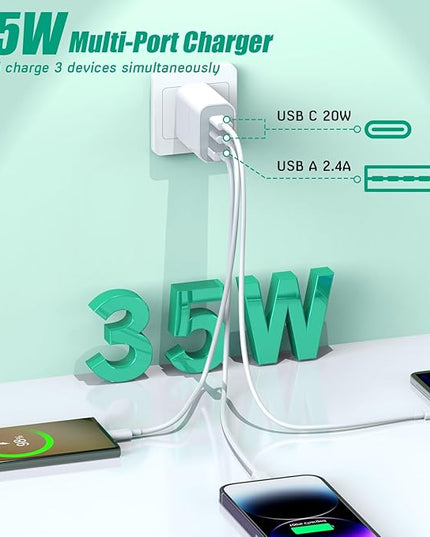 [3Pack] iPhone 17 16 15 Fast Charger Block 35W 3-Port Fast USB C Charger Block Multiport Double Port PD+QC Wall Plug Compatible with iPhone 17/17 Pro/16 ProMax/16 Plus/iPhone 15/15Pro/15 ProMax/14/13
