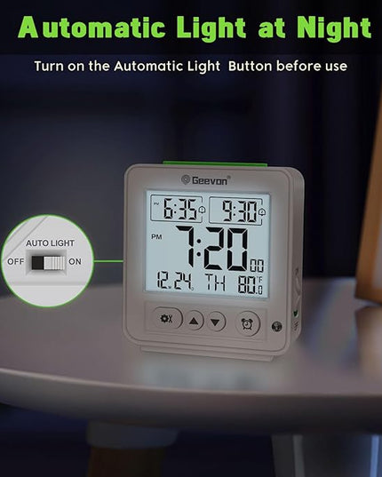 Geevon Smart Night Light Small Digital Alarm Clock with 2 Increasing Beep Alarm, Indoor Temperature, Battery Operated Travel Clock for Bedroom, Bedside, Desk(White)