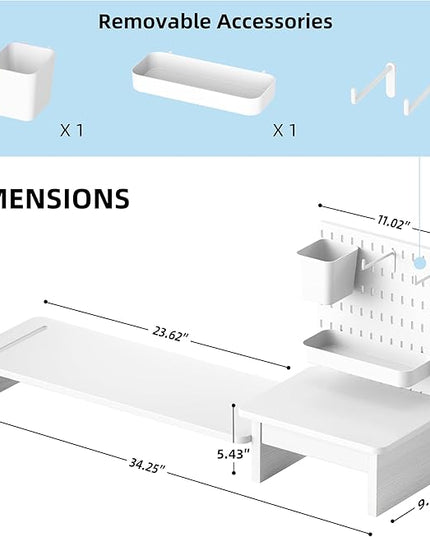 Pegboard Monitor Stand Riser,Computer Monitor Stand with 2 Hooks Cable Management Desk Organizer and Drawer for Laptop,PC,Computer,Printer,White