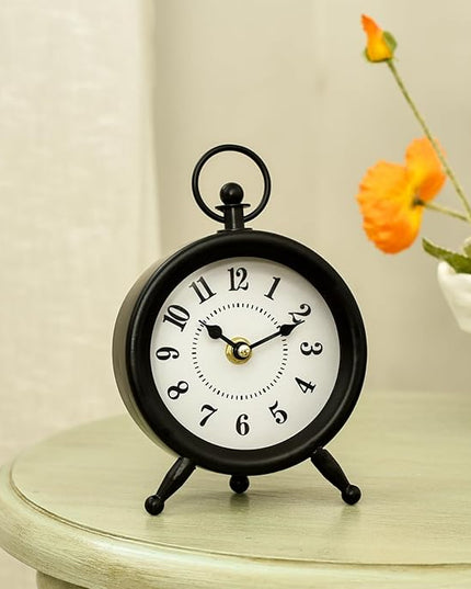 EMAX HOME Small Black Desk and Shelf Clock, 4.7*7.3 Inch Retro Elegant Tabletop Clock with Glass Cover, Silent Non-Ticking Battery Operated Decorative Clock for Living Room, Office, Bedroom, Gift Idea