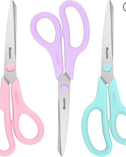 Scissors, iBayam 8" All Purpose Scissors Bulk 3-Pack, Ultra Sharp 2.5mm Thick Blade Shears Comfort-Grip for Aesthetic Fun Cute School Office Teacher Desk Crafts and Art Supplies Accessories Essential