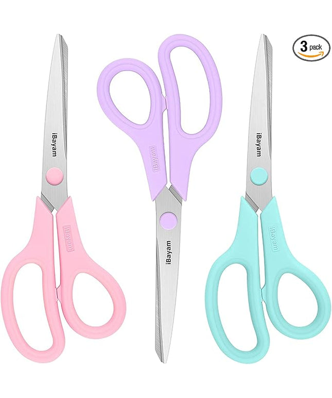 Scissors, iBayam 8" All Purpose Scissors Bulk 3-Pack, Ultra Sharp 2.5mm Thick Blade Shears Comfort-Grip for Aesthetic Fun Cute School Office Teacher Desk Crafts and Art Supplies Accessories Essential
