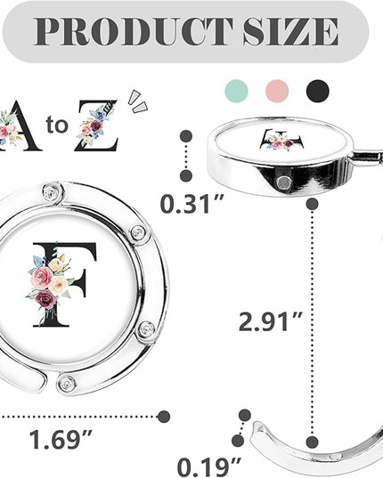 Iqimott 3pcs Personalized Initial Foldable Purse Hook for Table, Flower Letter Folding Handbag Hanger Portable Magnet Table Hook Holder, Collection Desk Purse Hooks for Women Bag (Black-F)