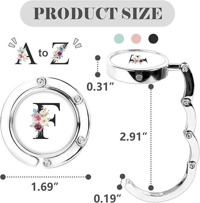 Iqimott 3pcs Personalized Initial Foldable Purse Hook for Table, Flower Letter Folding Handbag Hanger Portable Magnet Table Hook Holder, Collection Desk Purse Hooks for Women Bag (Black-F)