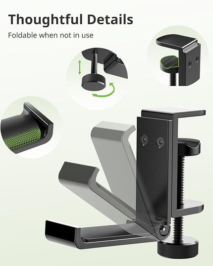 Headphone Stand for Desk – Aluminum Headset Stand with Foldable Hook, Headphone Holder Clamp Mount for Gaming Accessories, Space-Saving Under Table Headset Hanger