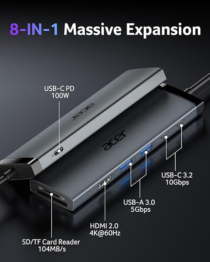 Acer 8 in 1 USB C Hub 10Gbps, USBC to HDMI Adapter 4K@60Hz, 2×USB-C 3.2, 2×USB A 3.0 Data Transfer, 100W PD Port Type C Multiport Splitter with SD/TF Card Reader, for Laptop, PC, Desktop, iPad Pro