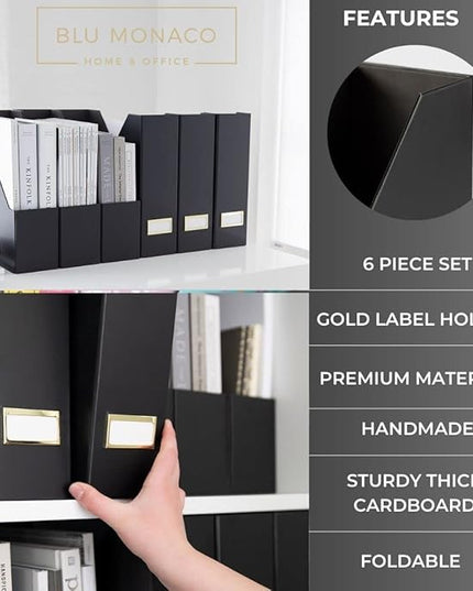 BLU MONACO Declutter in Style - Set of 6 Black Foldable Magazine File Holders with Gold Label Holders - Cardboard Magazine Storage Box & Desk Organizer for Workspace and Shelves