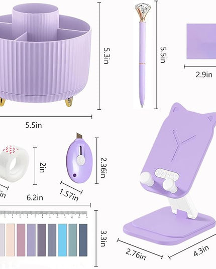 Office Supplies,Desk Accessories,with Stapler,Tape Dispenser,Staple Remover,Scissor,Ballpoint Pen,Sticky Notes,Clear Tape,Staples,Desk Organizer,Phone Stand,Binder,Index Tabs,Best Gift Set(Purple)