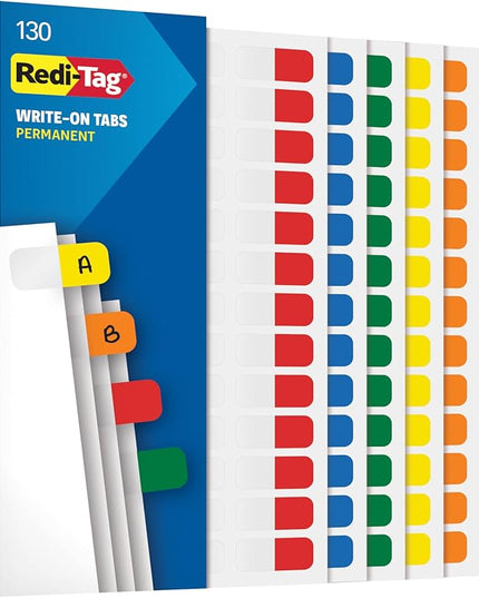 Redi-Tag Write-On Tabs, Permanent Adhesive Index Tabs, Assorted Primary Colors: Yellow, Orange, Red, Blue and Green, 1" x 7/16", 130 Pack (1009302)