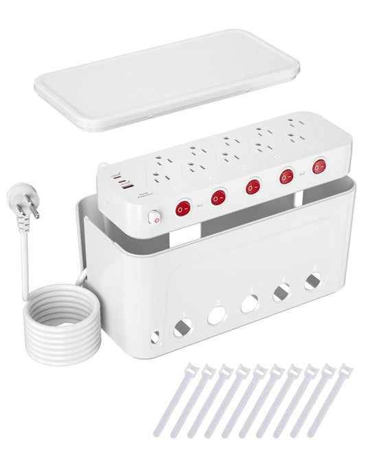 Power Strip with Cable Management Box, Large Cord Organizer Box,White