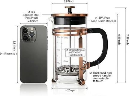 French Press Coffee Maker 21 oz, 304 Stainless Steel Double Mesh Filter, Borosilicate Glass, Heat-Resistant, BPA-Free, Ideal for Home, Office & Gift