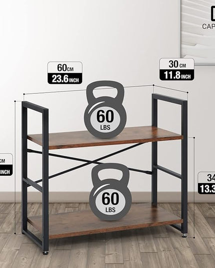 CAPHAUS 2 Tier Small Bookshelf, 24 Inch Width Free Standing Shelf, Bookcase Shelf Storage Organizer, Industrial Book Shelves for Home Office, Living Room, Rustic Oak Vintage Shelves & Metal Frame