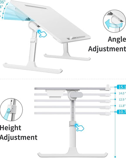 Laptop Bed Tray Table, SAIJI Adjustable Bed Desk for Laptop, Foldable Laptop Stand with Storage Drawer for Eating, Working, Writing, Gaming, Drawing (White, X-Large)