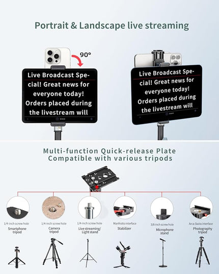 Large Screen Teleprompter Holder for Tablet & Phone with 70.8" Extendable Tripod, Dual Device Design, Compatible with iPad/iPhone/Samsung and More. Perfect for Live Streaming/Video Recording