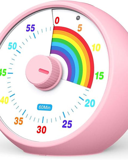 Visual Timer for Kids, 60-Minute Countdown Timer for Classroom Office Kitchen, Desk Timer Kids Time Management Tools with Silent Operation, Pomodoro Time Rainbow Pattern (Pink)