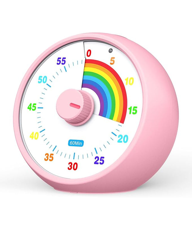 Visual Timer for Kids, 60-Minute Countdown Timer for Classroom Office Kitchen, Desk Timer Kids Time Management Tools with Silent Operation, Pomodoro Time Rainbow Pattern (Pink)