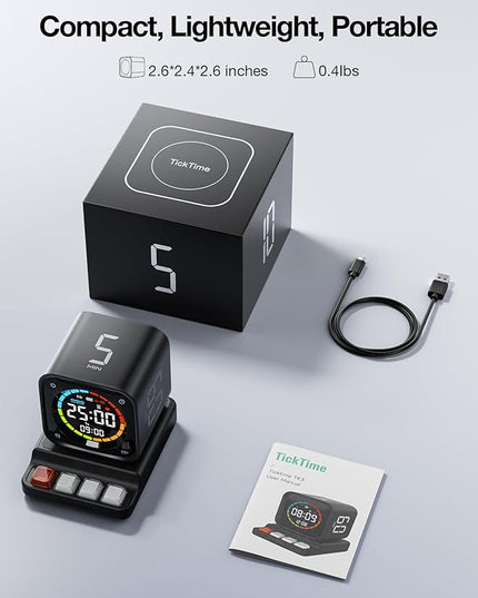 TK3 Pomodoro Timer Cube, Desk Productivity Timer with 5/10/30/60 Min Presets, Custom Countdown, Stopwatch, Clock, 3 Alarm, Silent, Vibrate & Sound Mode, for Task, ADHD, Study, Kitchen (Obsidian Black)