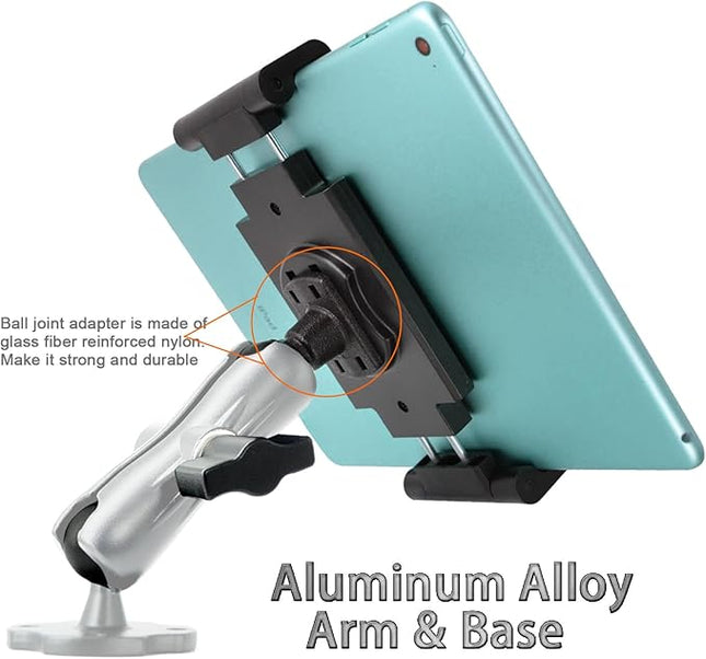 VAUBORTTI Aluminum Arm Heavy Duty Tablet Mount Drill Base - for 6.5"-12.9" Tablet iPad Pro/Mini, iPad Holder for Truck, Car,Dashboard,Desk,Wall-Swivel with 1 inch/25mm Ball Joint