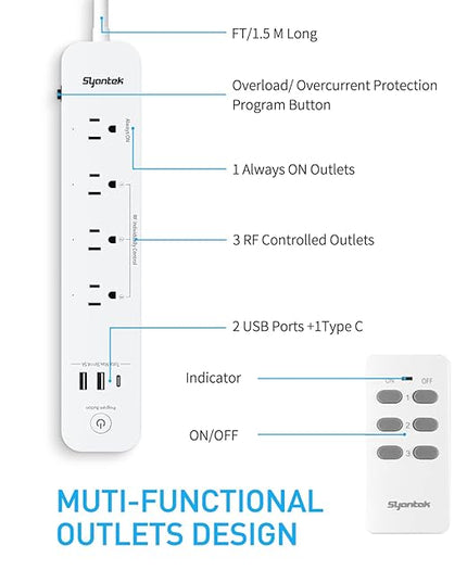 Remote Control Power Strip with 3 USB Surge Protector Power Strip with 3 RF Controlled Outlets, 5ft Extension Cord, 15A/1875W Remote Control Outlet for Household and Workstation Appliances