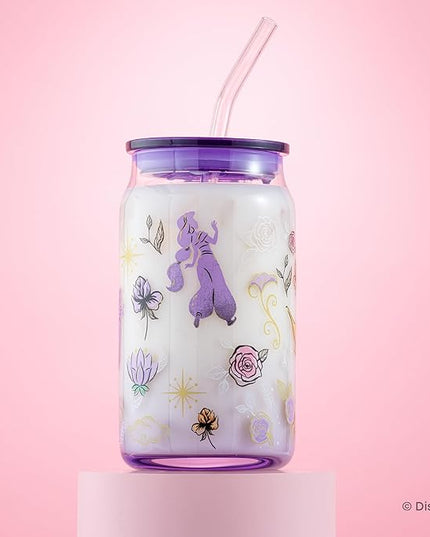 JoyJolt Disney Princess Icon Glass Tumblers with Lids and Straws, 16oz Glass Cups with Lids and Straws ft Princess Jasmine Ariel Cinderella Belle, 4pc Can Shaped Drinking Glasses, Iced Coffee Cups
