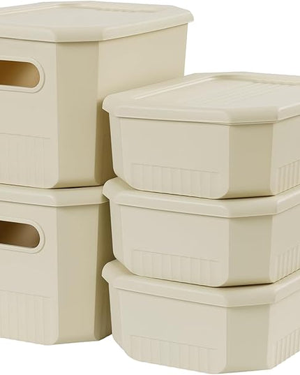 ANMINY 5PCS Plastic Storage Bins Containers with Lids, Large Storage Organization Bins Boxes, Lidded Plastic Storage Baskets for Closet Shelves Drawers Desktop Home Office, Ivory