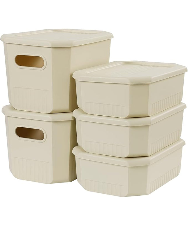 ANMINY 5PCS Plastic Storage Bins Containers with Lids, Large Storage Organization Bins Boxes, Lidded Plastic Storage Baskets for Closet Shelves Drawers Desktop Home Office, Ivory