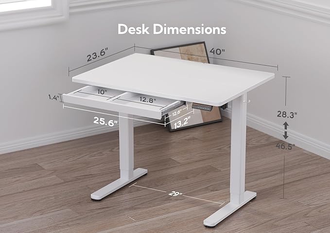 YDN Standing Desk with Drawers, Stand Up Electric Standing Desk Adjustable Height, Sit Stand Desk Computer Workstation, 40 Inch, White